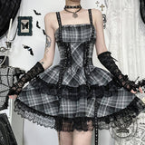 Gothic Style Black and Gray Plaid Lace Dress | Gthic.com