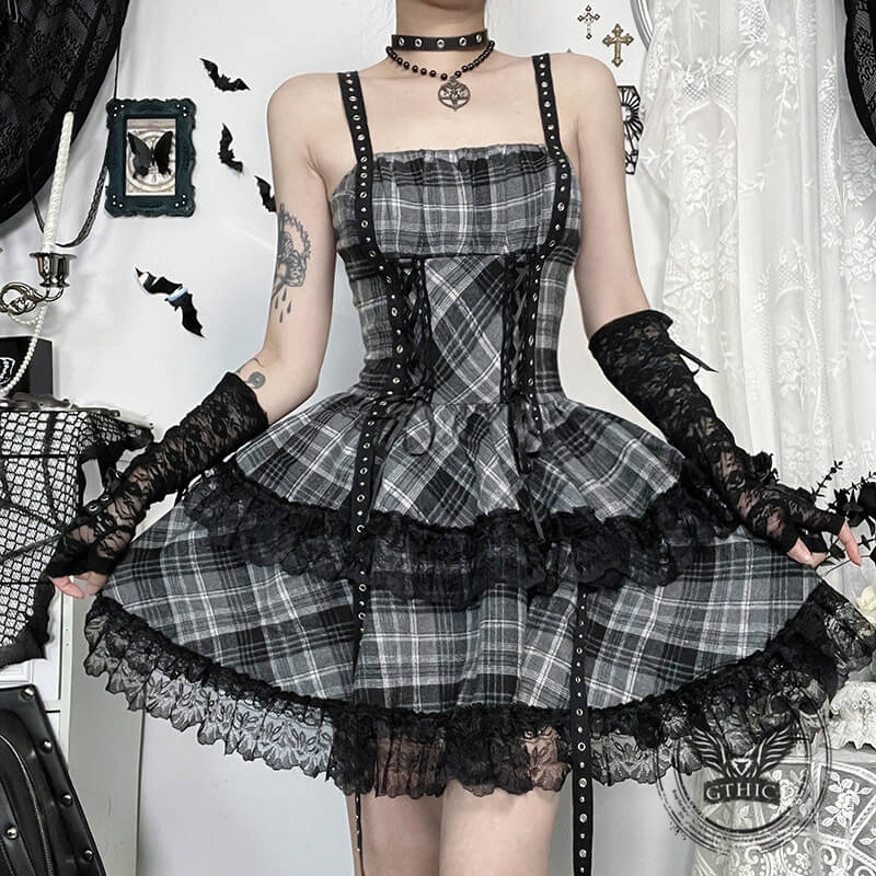 Gothic Style Black and Gray Plaid Lace Dress | Gthic.com