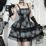 Gothic Style Black and Gray Plaid Lace Dress | Gthic.com