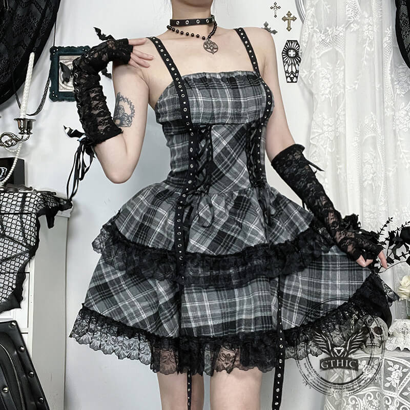 Gothic Style Black and Gray Plaid Lace Dress Gothic Style Black and Gray Plaid Lace Dress