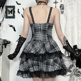 Gothic Style Black and Gray Plaid Lace Dress | Gthic.com