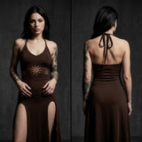 Gothic Sun-Print Slim-Fit Slit Halter Dress | Gthic.com