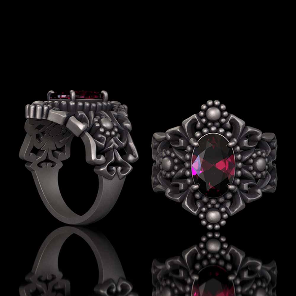 Gothic Sunflower Pattern Gemstone Sterling Silver Ring | Gthic.com