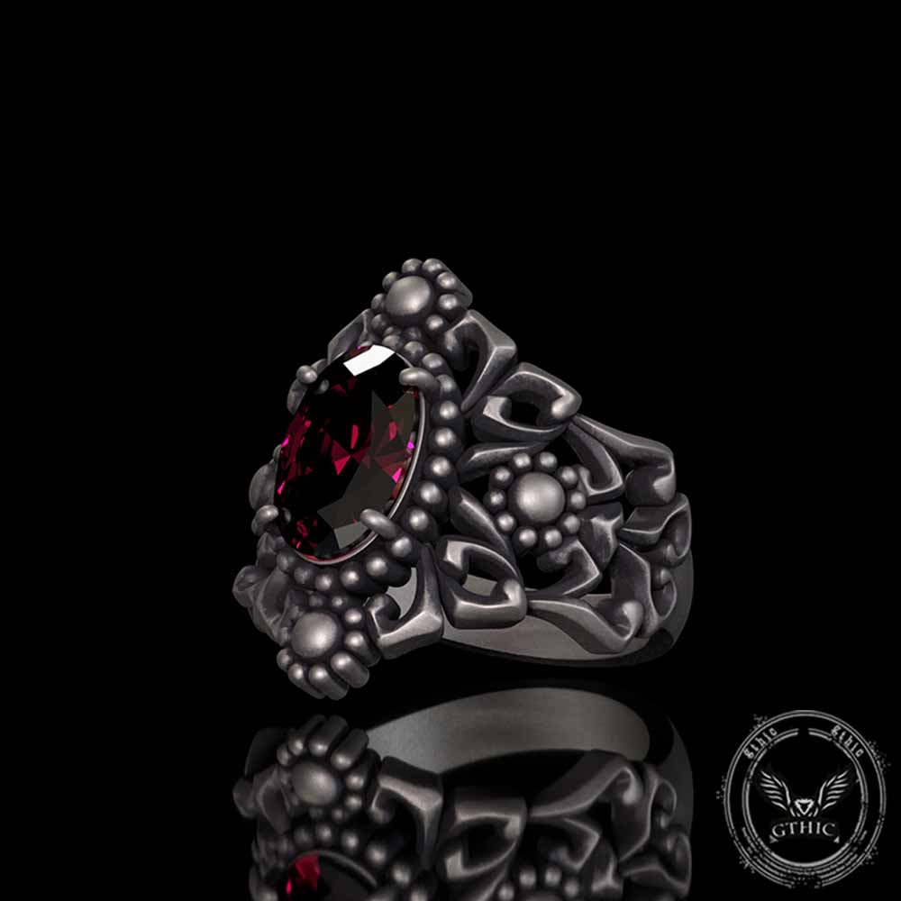 Gothic Sunflower Pattern Gemstone Sterling Silver Ring | Gthic.com
