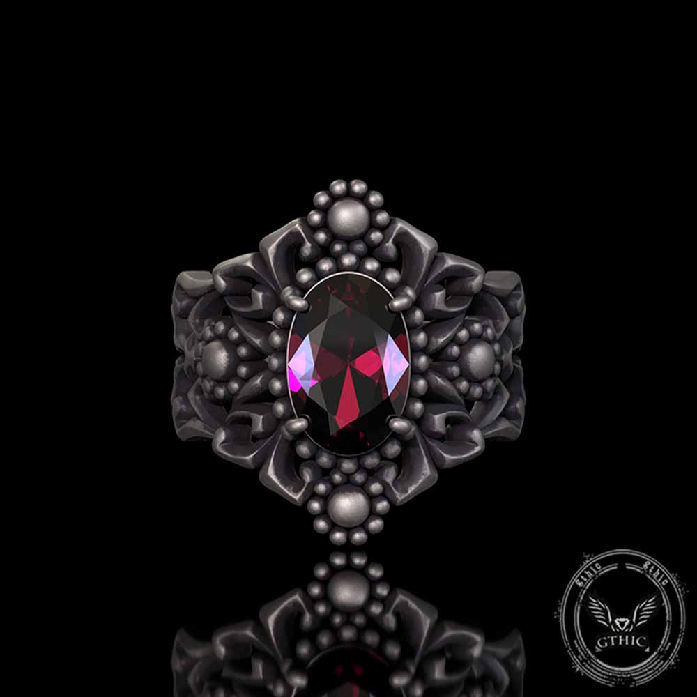 Gothic Sunflower Pattern Gemstone Sterling Silver Ring | Gthic.com