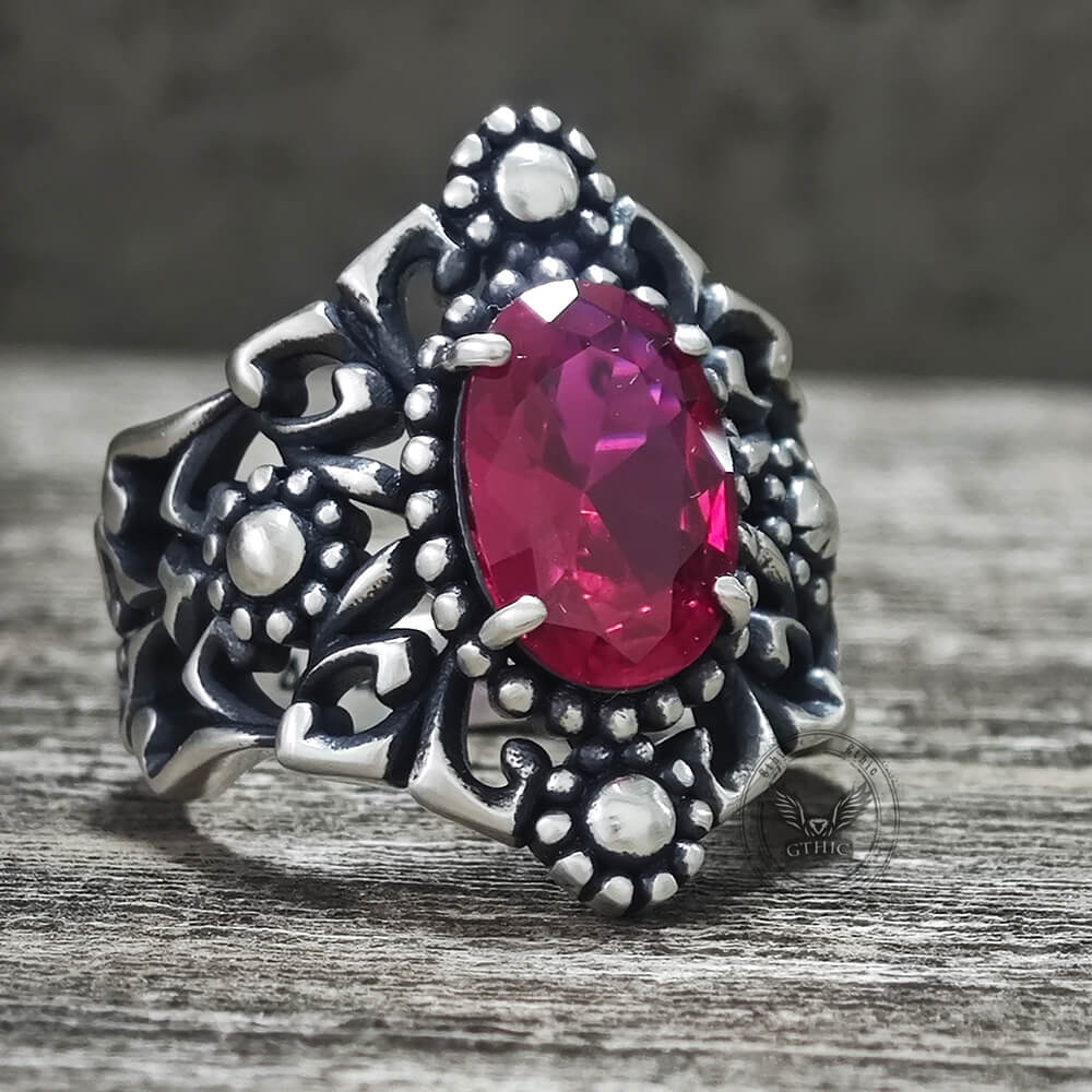 Gothic Sunflower Pattern Gemstone Sterling Silver Ring | Gthic.com