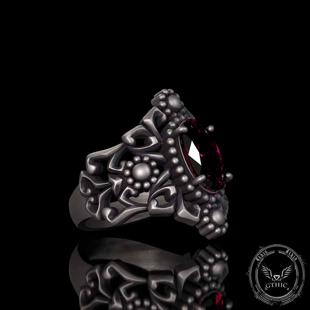 Gothic Sunflower Pattern Gemstone Sterling Silver Ring | Gthic.com