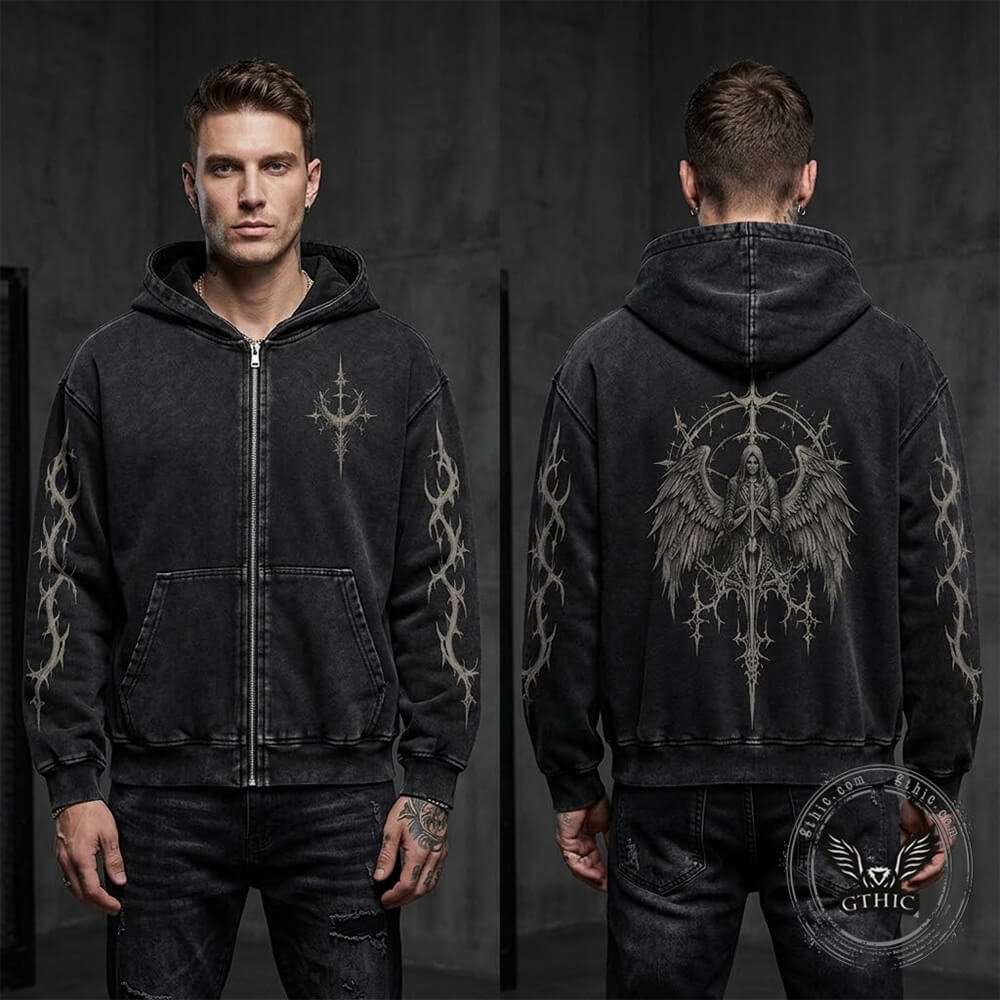 Gothic Sword Angel Vintage Washed Zip-Up Hooded Jacket | Gthic.com