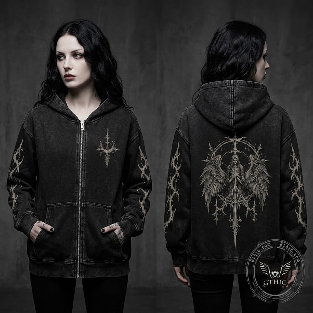 Gothic Sword Angel Vintage Washed Zip-Up Hooded Jacket | Gthic.com
