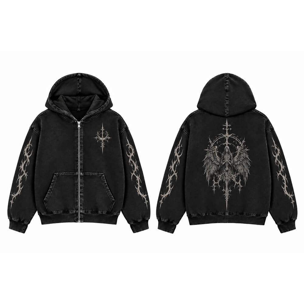 Gothic Sword Angel Vintage Washed Zip-Up Hooded Jacket | Gthic.com