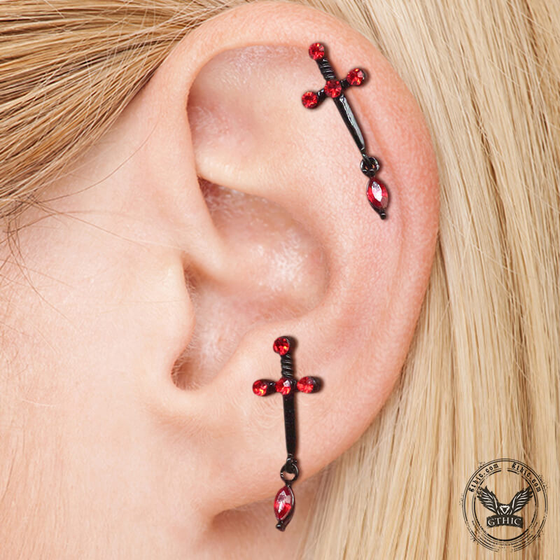 Gothic Sword Inlaid Red Zircon Stainless Steel Nose Ring | Gthic.com
