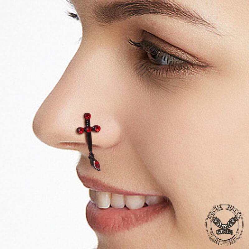 Gothic Sword Inlaid Red Zircon Stainless Steel Nose Ring | Gthic.com