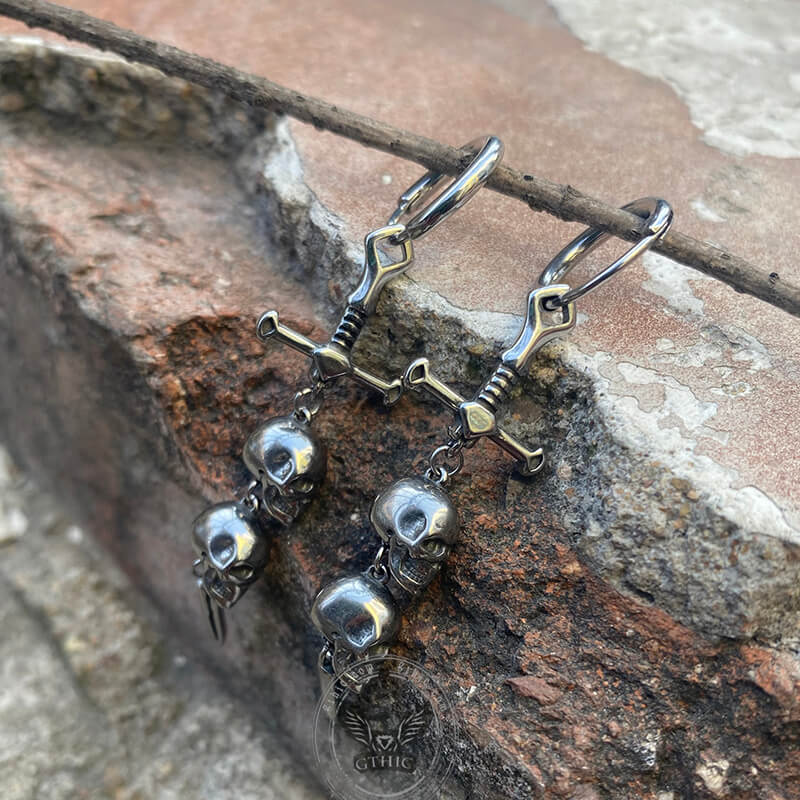 Gothic Sword Skulls Stainless Steel Hoop Earrings | Gthic.com