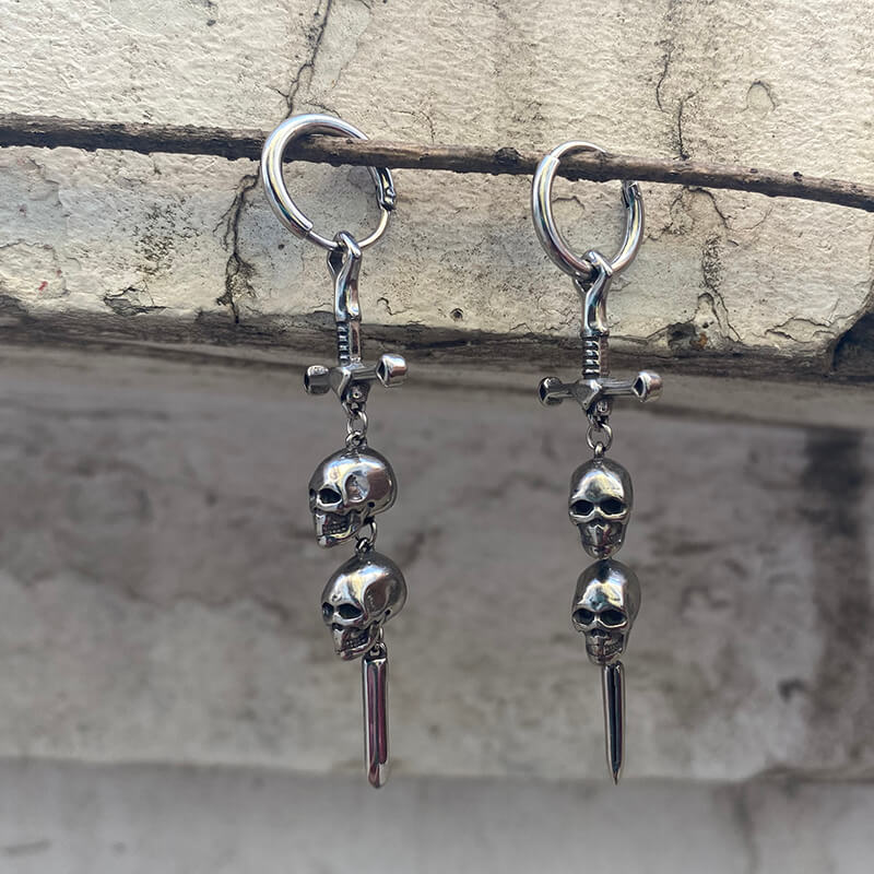 Gothic Sword Skulls Stainless Steel Hoop Earrings | Gthic.com