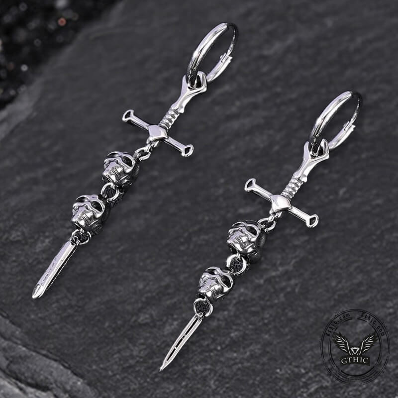 Gothic Sword Skulls Stainless Steel Hoop Earrings | Gthic.com