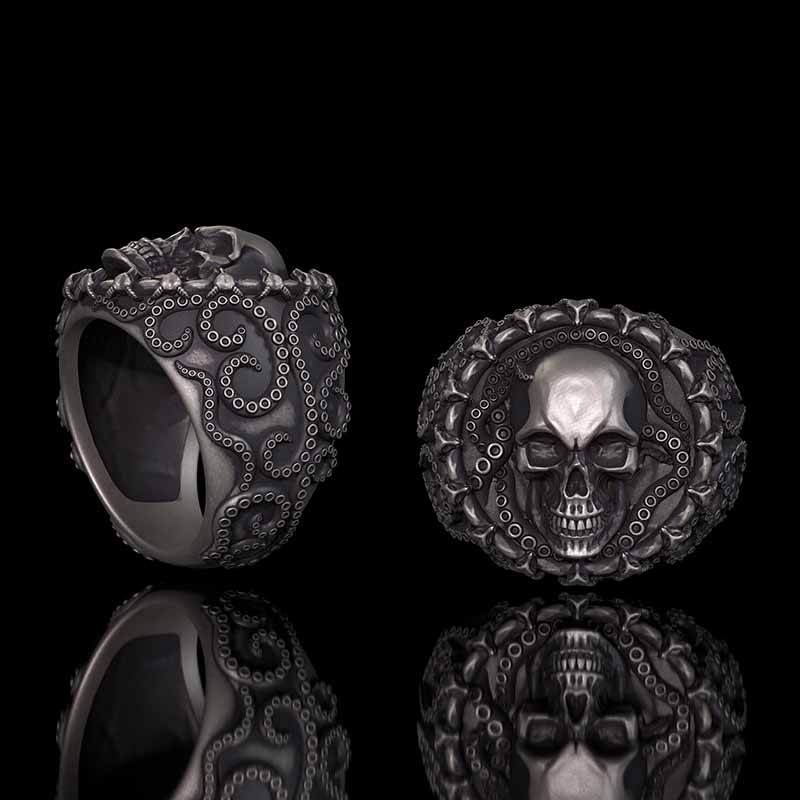 Gothic Tentacle Skull Head Sterling Silver Ring | Gthic.com