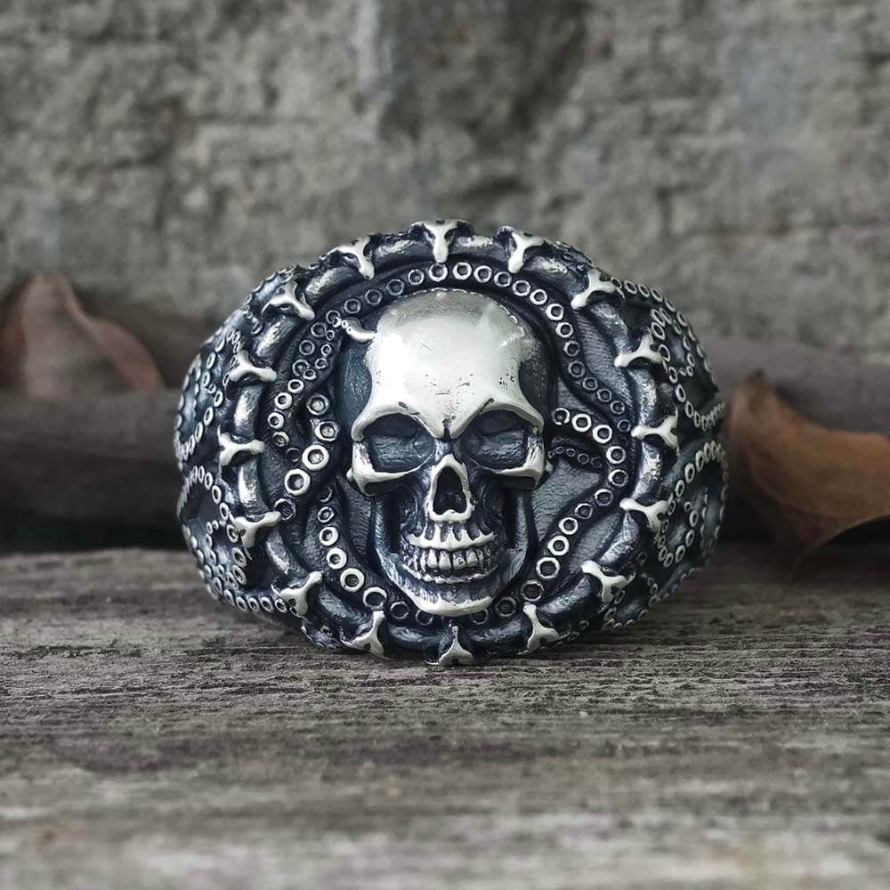 Gothic Tentacle Skull Head Sterling Silver Ring