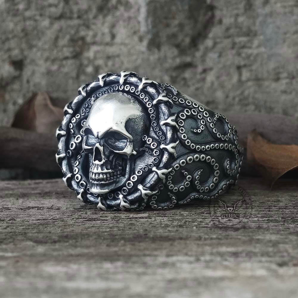 Gothic Tentacle Skull Head Sterling Silver Ring