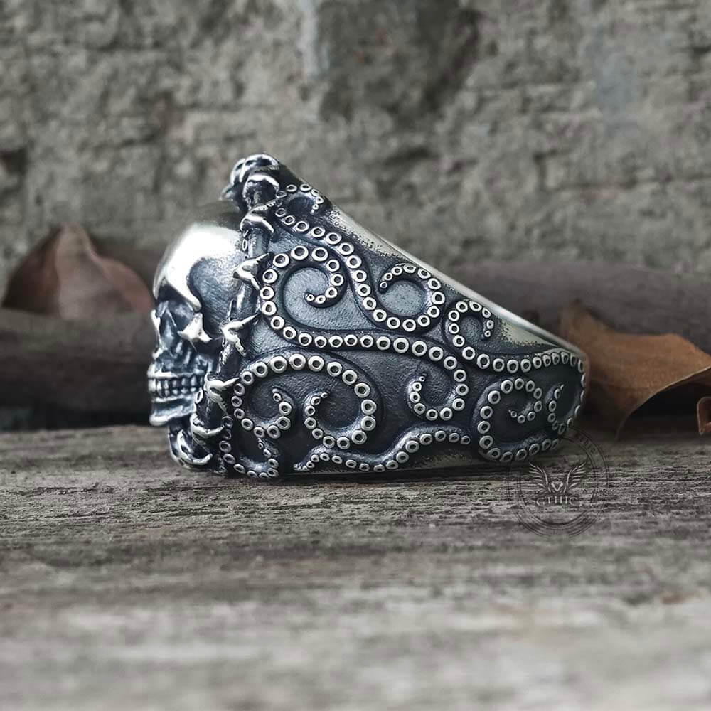 Gothic Tentacle Skull Head Sterling Silver Ring