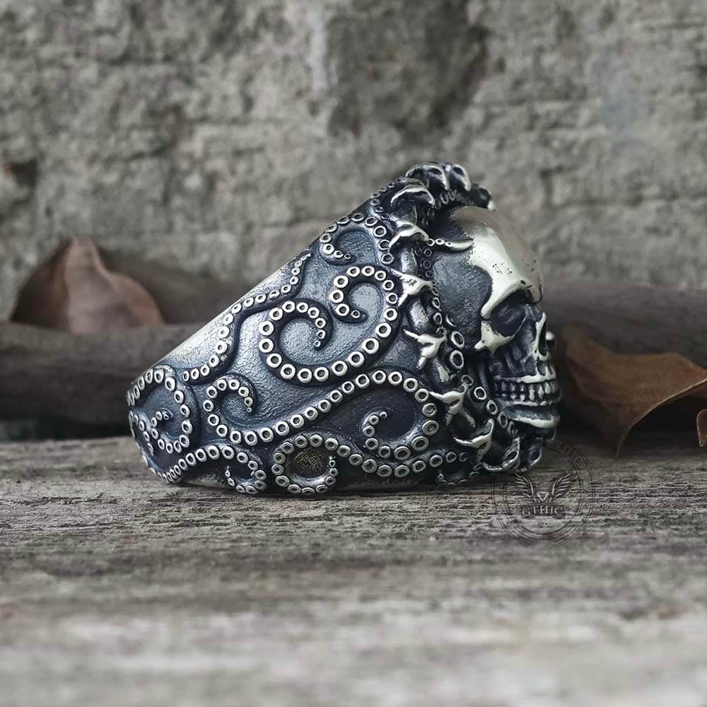 Gothic Tentacle Skull Head Sterling Silver Ring