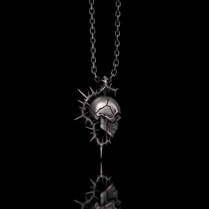 Gothic Thorn Broken Skull Sterling Silver Pendant 01 | Gthic.com