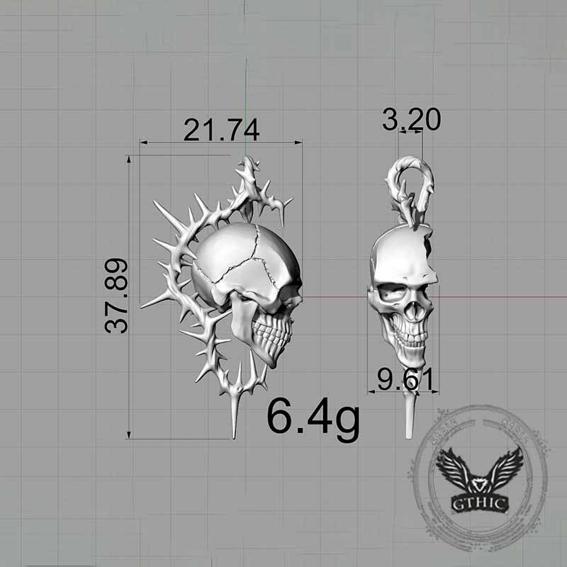 Gothic Thorn Broken Skull Sterling Silver Pendant