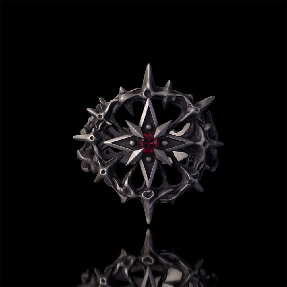 Gothic Thorn Gemstone Star Sterling Silver Ring | Gthic.com