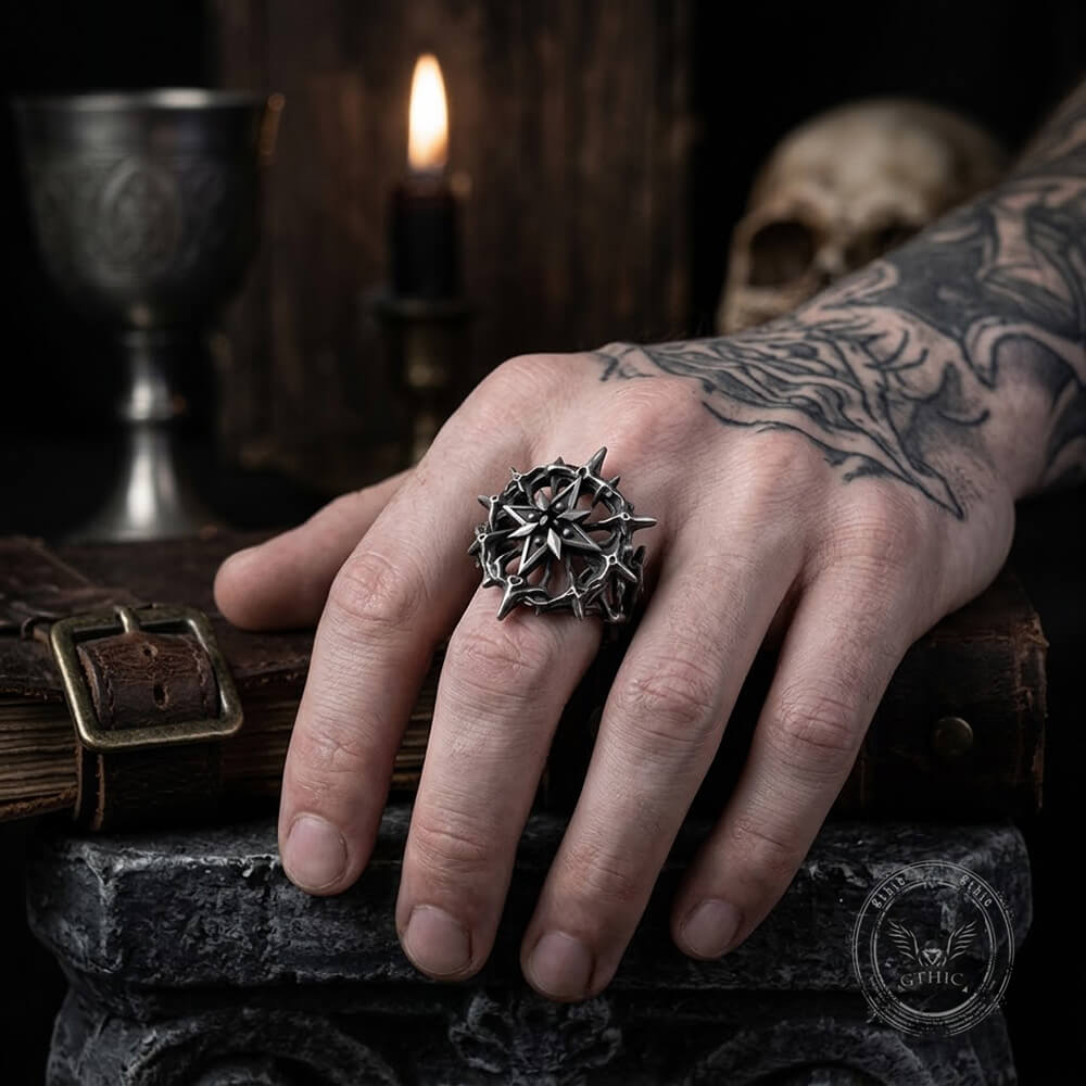 Gothic Thorn Gemstone Star Sterling Silver Ring | Gthic.com