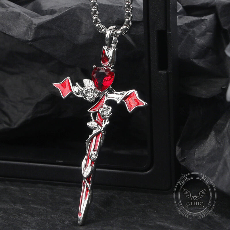 Gothic Thorn Rose Heart Gem Cross Copper Pendant | Gthic.com
