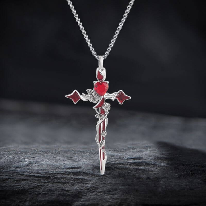 Gothic Thorn Rose Heart Gem Cross Copper Pendant | Gthic.com