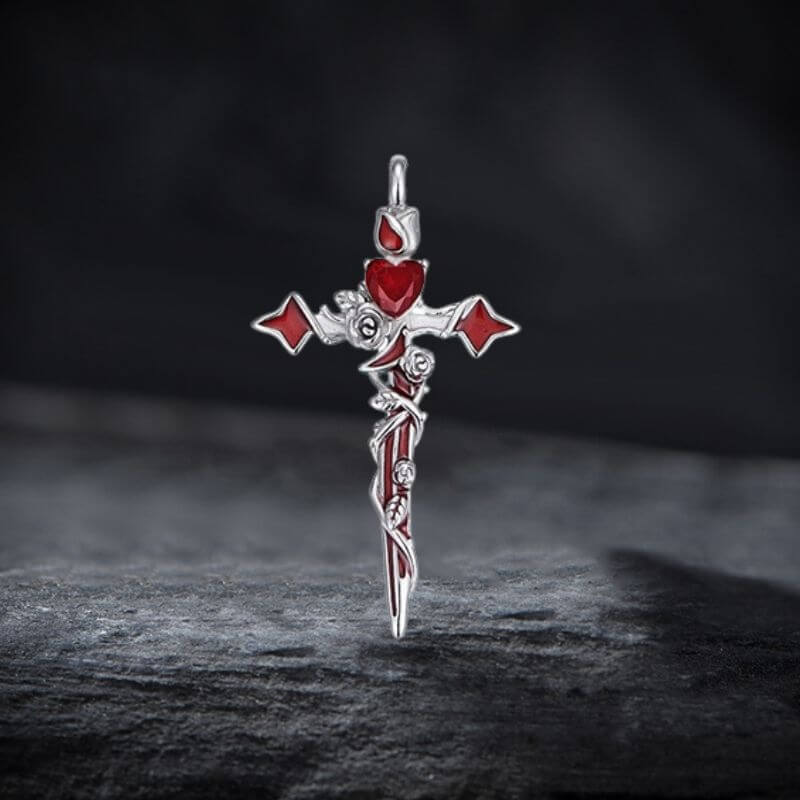 Gothic Thorn Rose Heart Gem Cross Copper Pendant