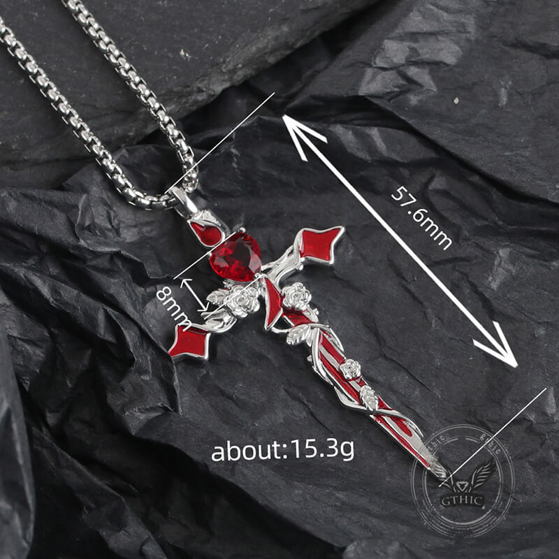 Gothic Thorn Rose Heart Gem Cross Copper Pendant