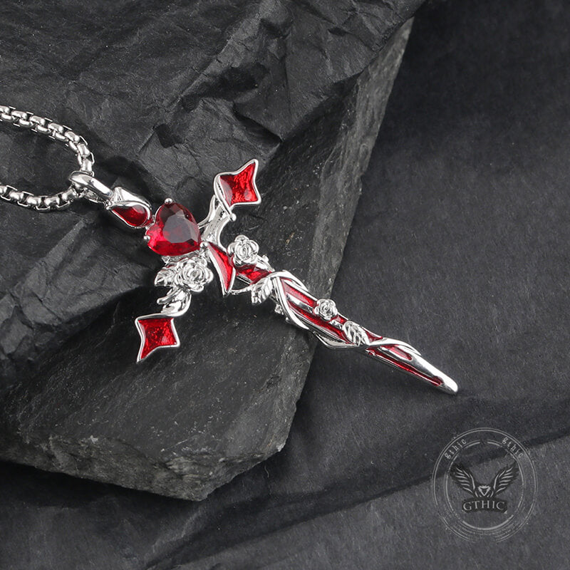 Gothic Thorn Rose Heart Gem Cross Copper Pendant | Gthic.com