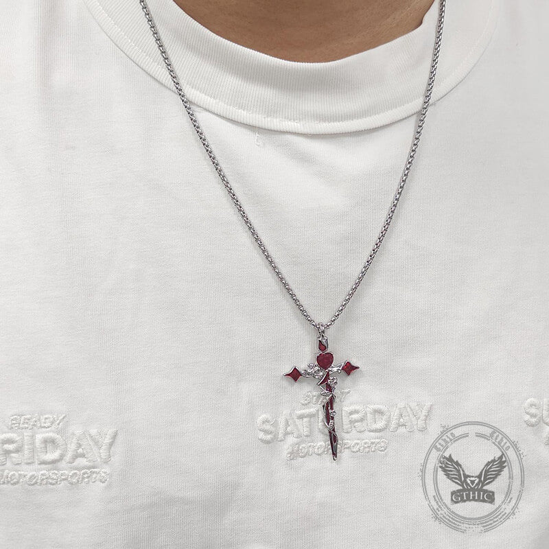 Gothic Thorn Rose Heart Gem Cross Copper Pendant | Gthic.com