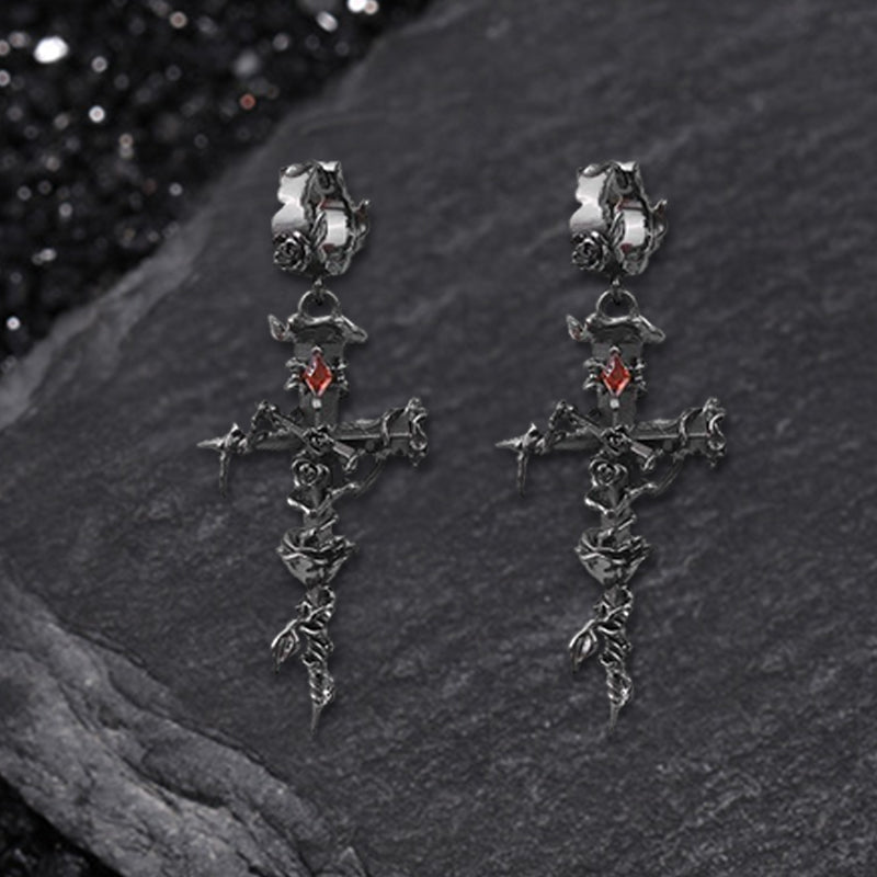 Gothic Thorns Rose Nails Cross Copper Stud Earrings | Gthic.com