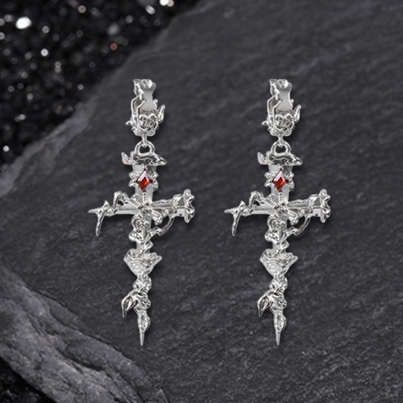 Gothic Thorns Rose Nails Cross Copper Stud Earrings | Gthic.com