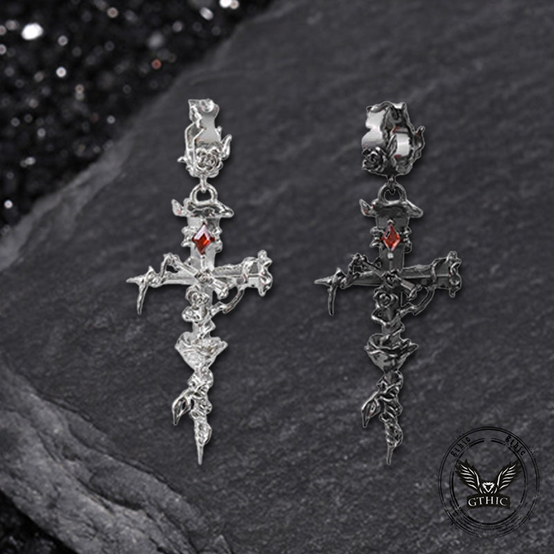 Gothic Thorns Rose Nails Cross Copper Stud Earrings | Gthic.com