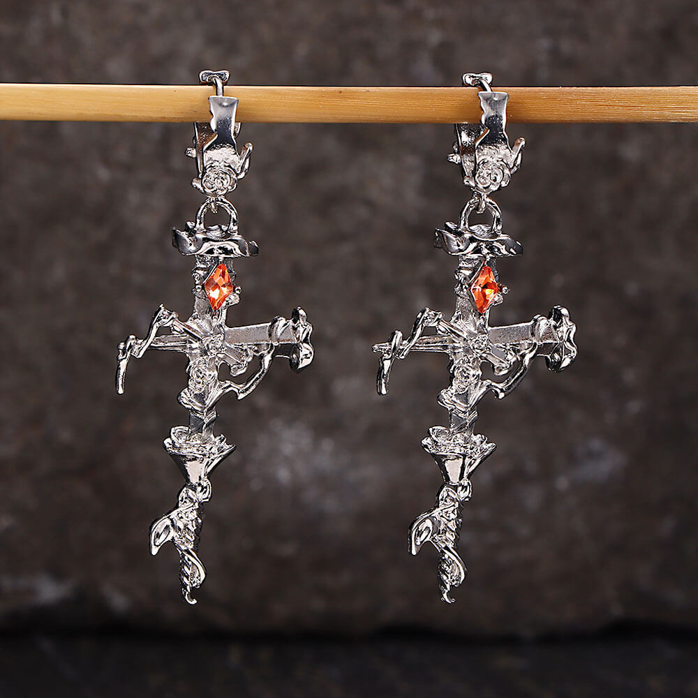 Gothic Thorns Rose Nails Cross Copper Stud Earrings | Gthic.com