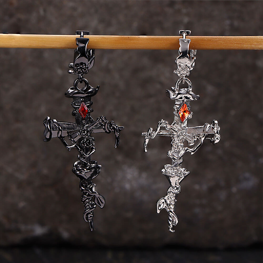 Gothic Thorns Rose Nails Cross Copper Stud Earrings