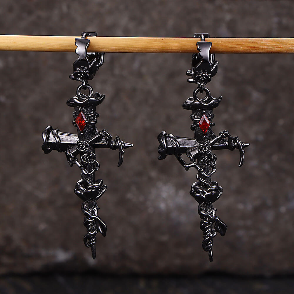 Gothic Thorns Rose Nails Cross Copper Stud Earrings
