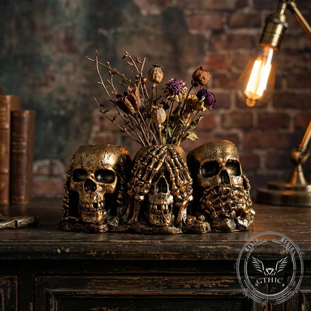 Gothic Three Wise Skulls Resin Vase & Pen Holder | Gthic.com