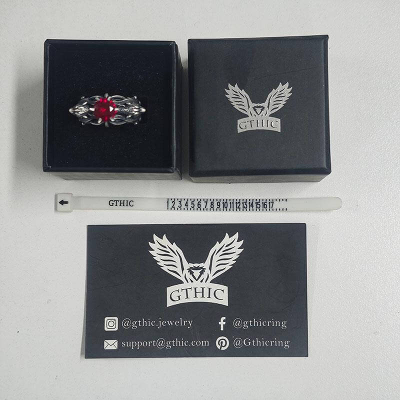 Gothic Tiger Heads Red Gem Sterling Silver Ring