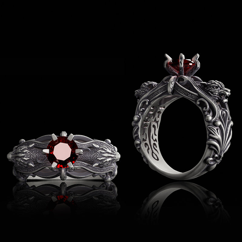 Gothic Tiger Heads Red Gem Sterling Silver Ring | Gthic.com