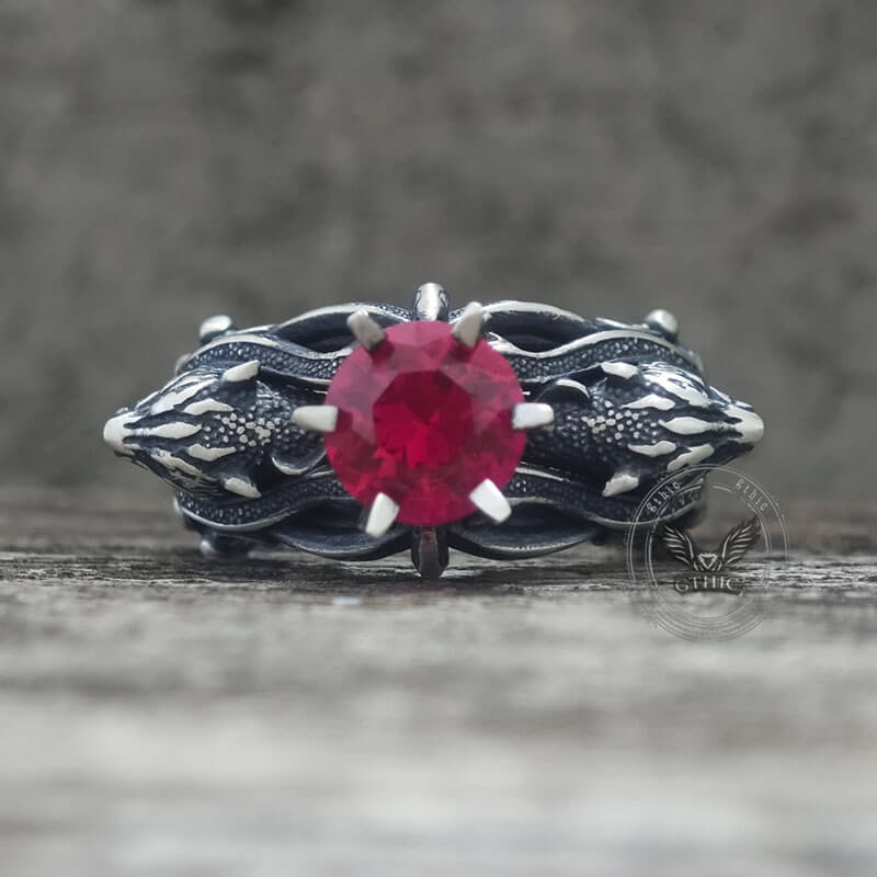 Gothic Tiger Heads Red Gem Sterling Silver Ring