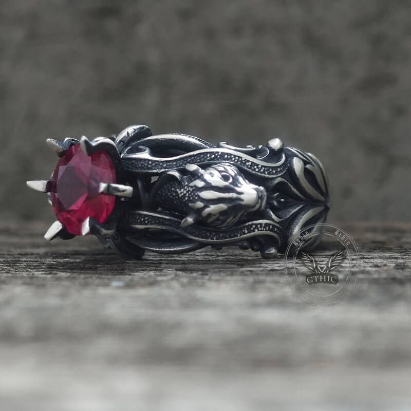 Gothic Tiger Heads Red Gem Sterling Silver Ring