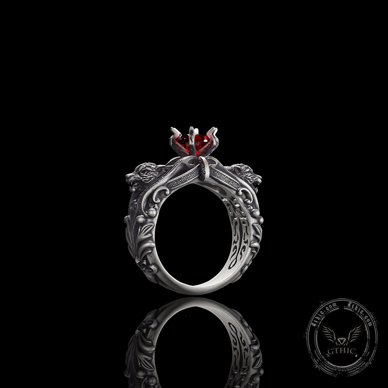 Gothic Tiger Heads Red Gem Sterling Silver Ring | Gthic.com