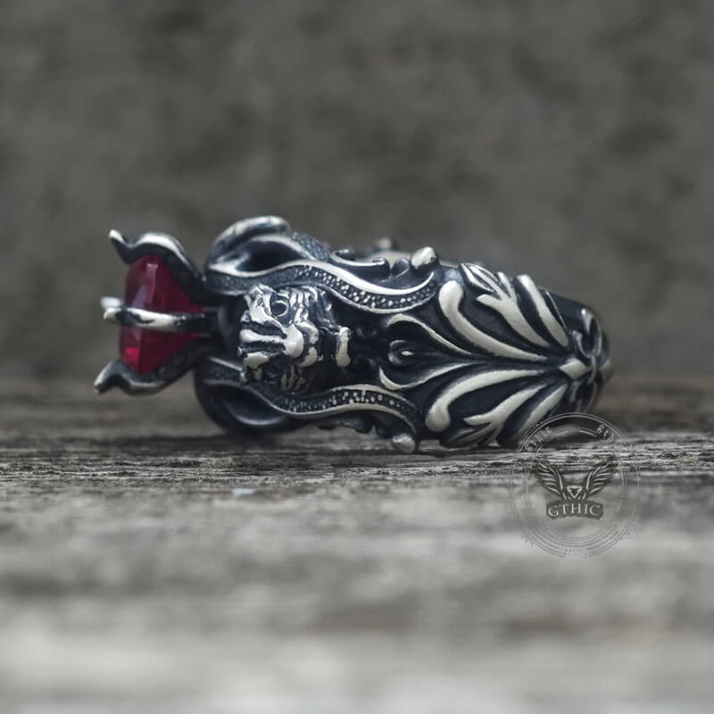 Gothic Tiger Heads Red Gem Sterling Silver Ring