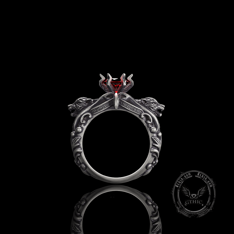 Gothic Tiger Heads Red Gem Sterling Silver Ring | Gthic.com