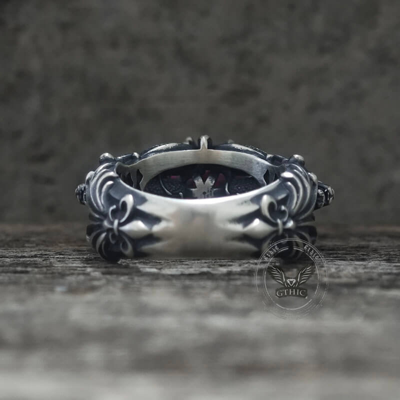 Gothic Tiger Heads Red Gem Sterling Silver Ring