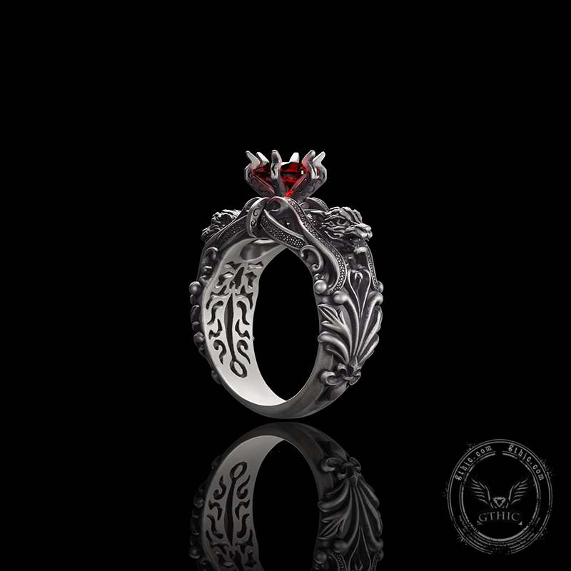 Gothic Tiger Heads Red Gem Sterling Silver Ring | Gthic.com
